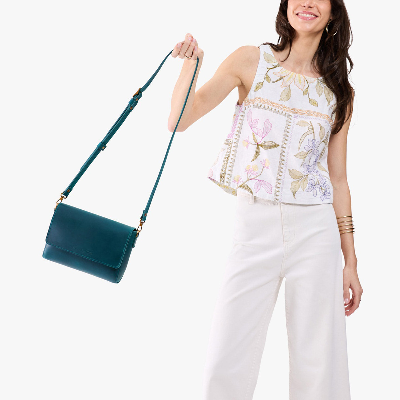 Westward Blue*Medium | Model Wearing Small Leather Crossbody Bag with Magnetic Messenger Bag Closure