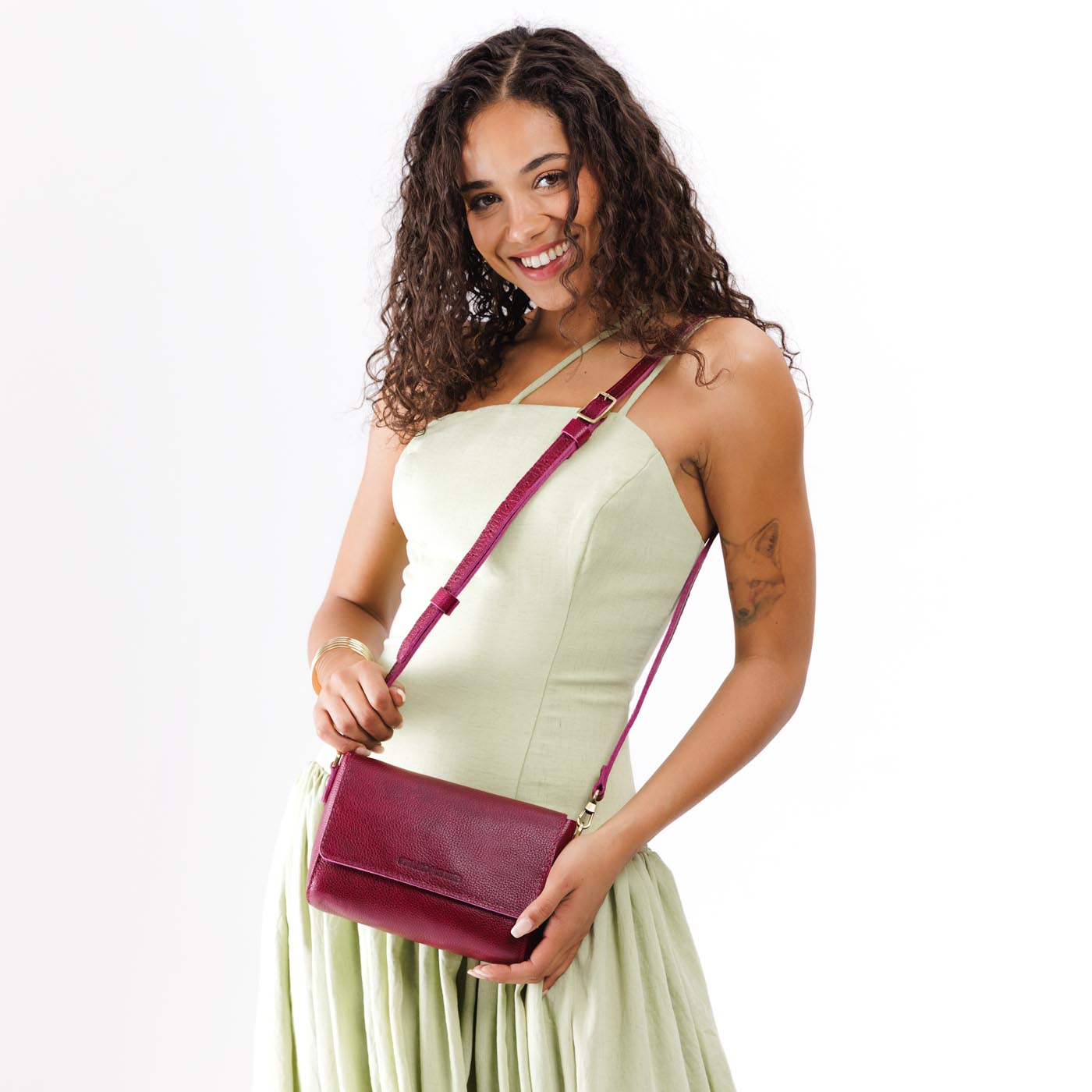 Orchid*Mini | Model Wearing Leather Crossbody Bag with Magnetic Messenger Bag Closure