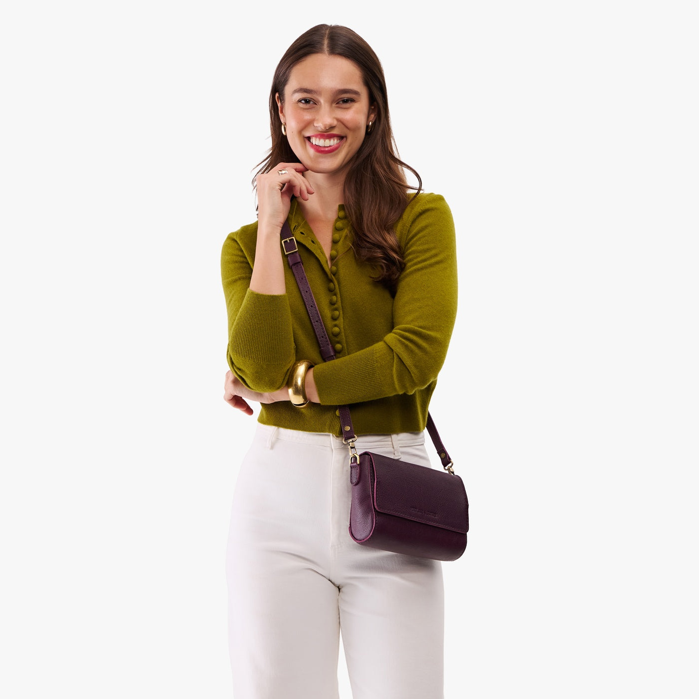 Plum*Mini | Model Wearing Small Leather Crossbody Bag with Magnetic Messenger Bag Closure