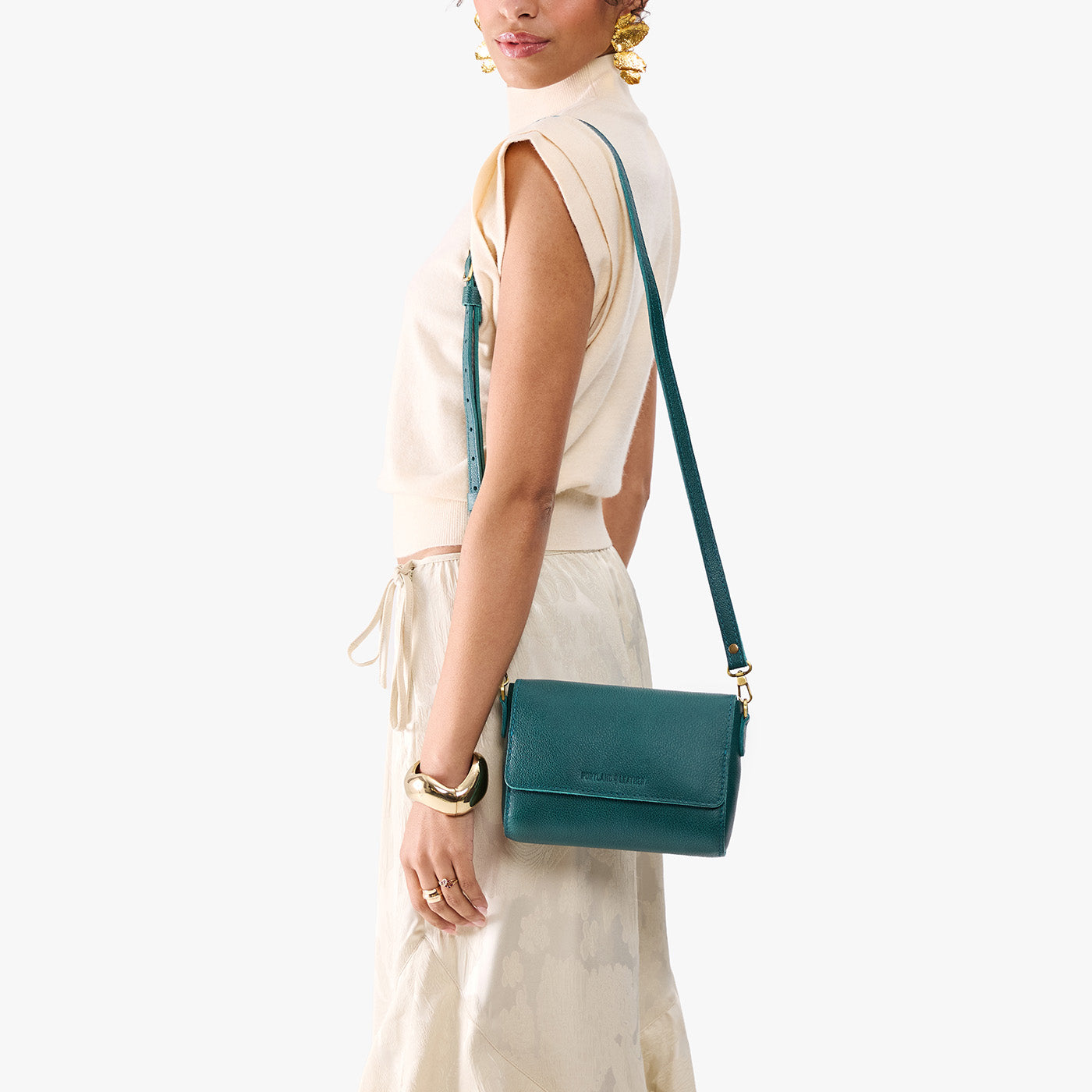 Sea Glass*Mini | Model Wearing Small Leather Crossbody Bag with Magnetic Messenger Bag Closure