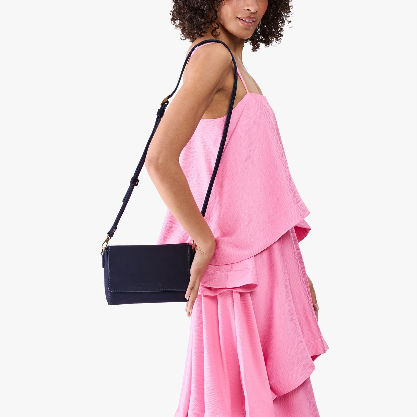 Velvet Blue*Mini | Model Wearing Small Leather Crossbody Bag with Magnetic Messenger Bag Closure
