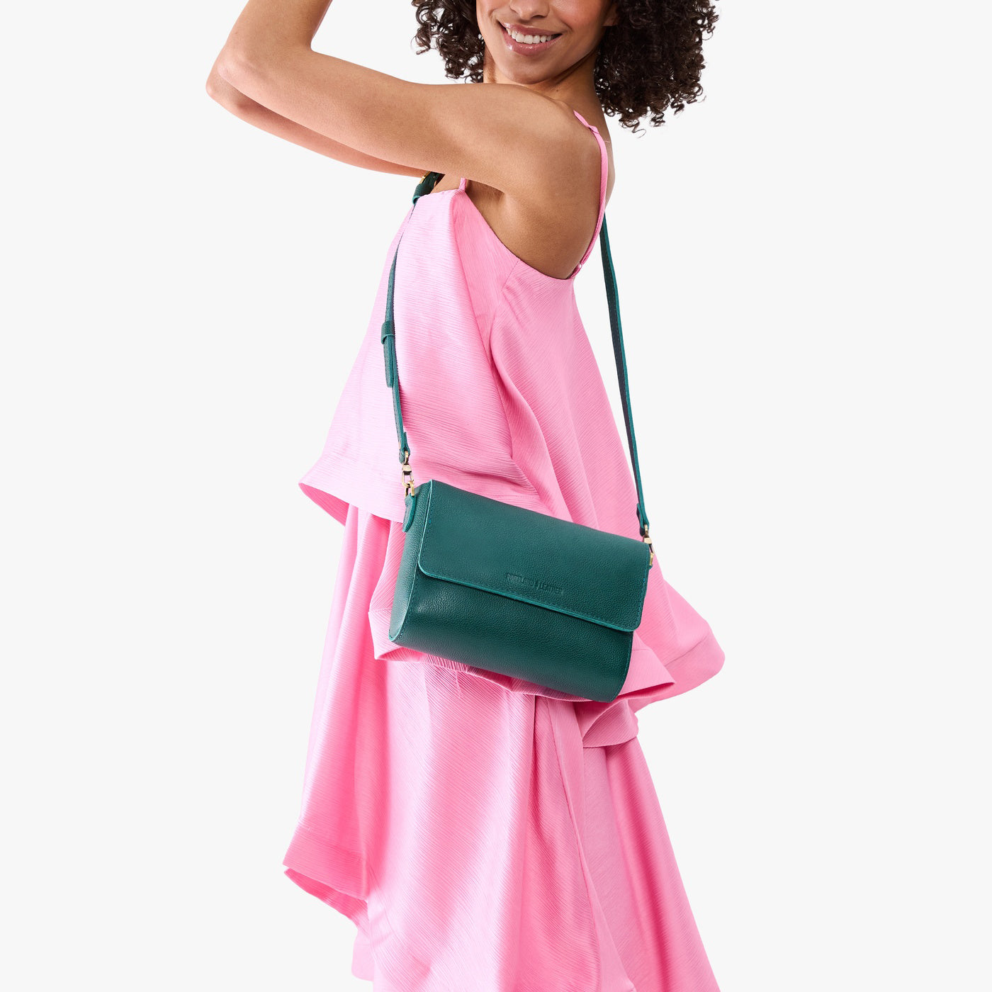 Sea Glass*Medium | Model Wearing Leather Crossbody Bag with Magnetic Messenger Bag Closure