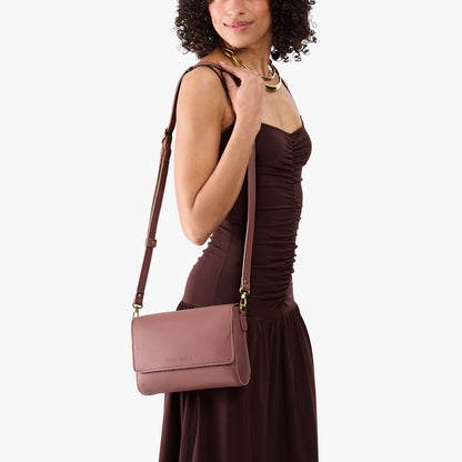 Sunkissed*Medium | Model Wearing Leather Crossbody Bag with Magnetic Messenger Bag Closure
