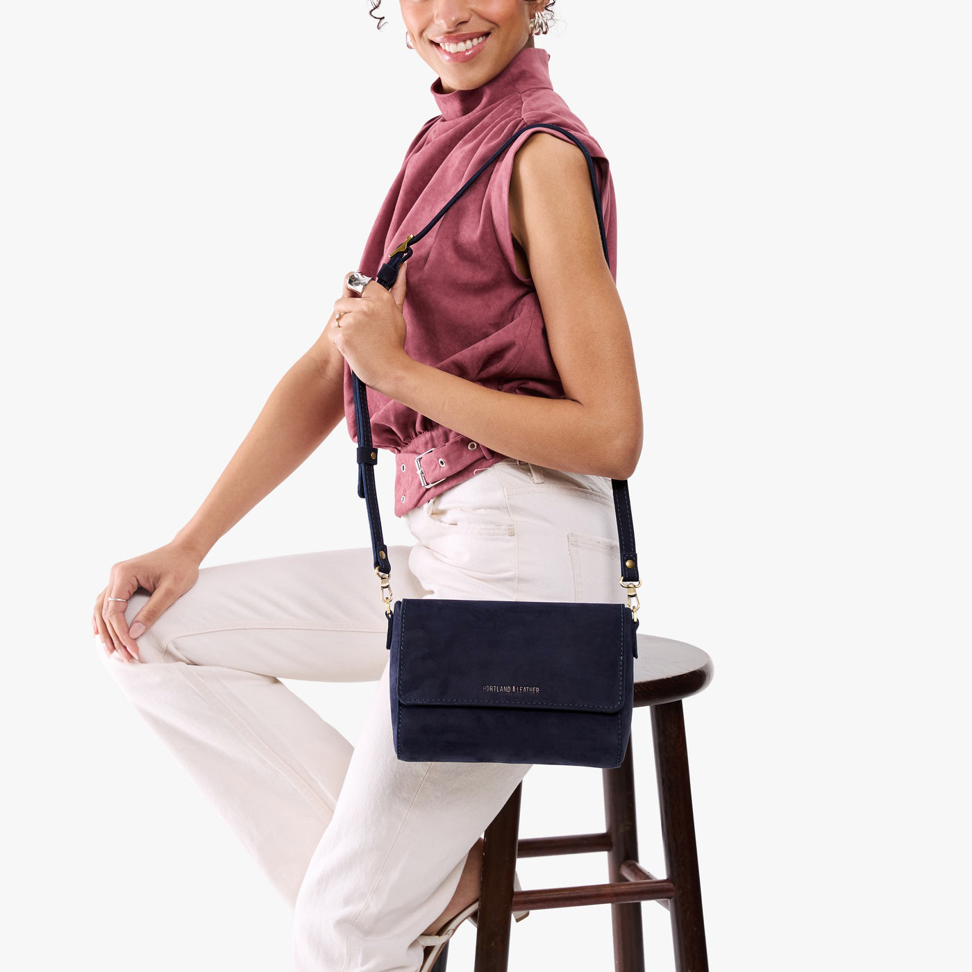 Velvet Blue*Medium | Model Wearing Leather Crossbody Bag with Magnetic Messenger Bag Closure