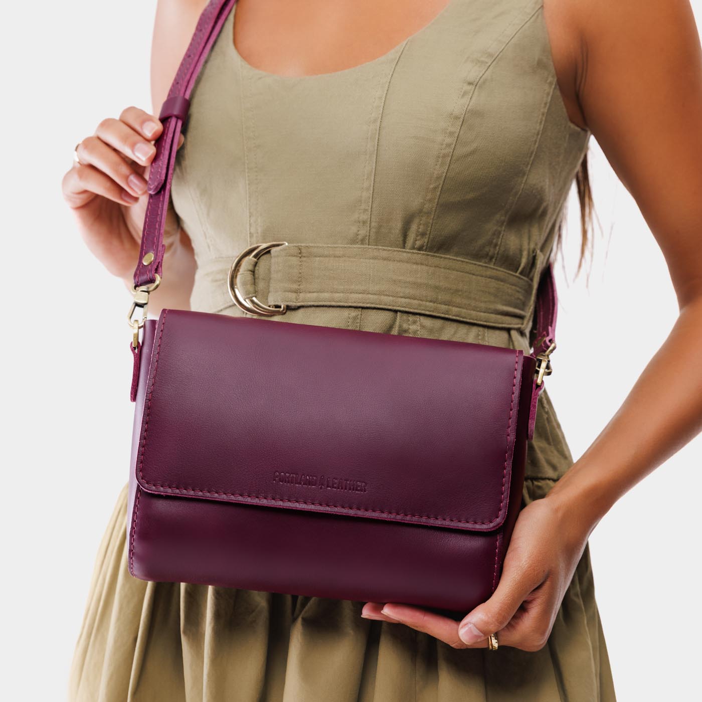 Lollipop*Medium | Model Wearing Leather Crossbody Bag with Magnetic Messenger Bag Closure