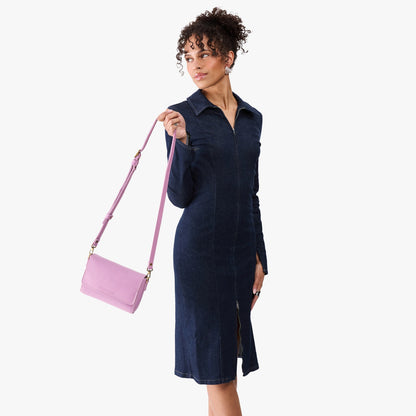 Calla Lily*Mini | Model Wearing Small Leather Crossbody Bag with Magnetic Messenger Bag Closure