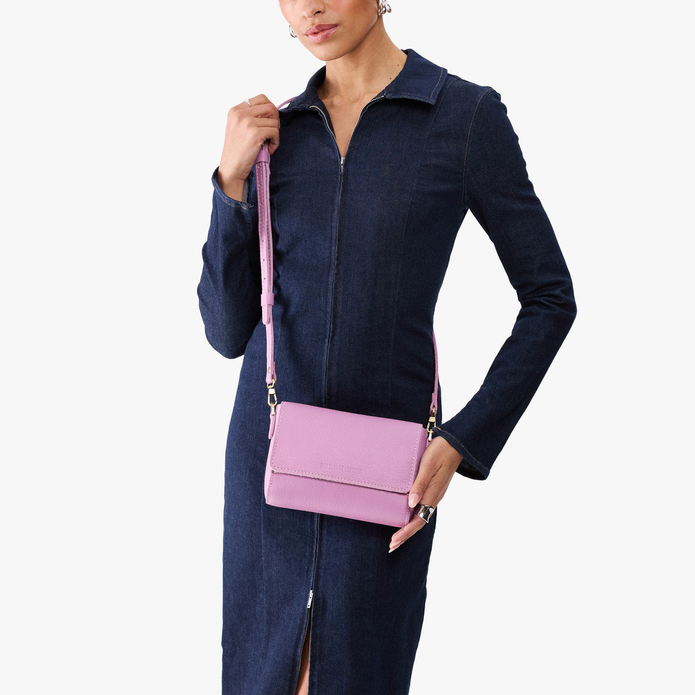 Calla Lily*Mini | Model Wearing Small Leather Crossbody Bag with Magnetic Messenger Bag Closure