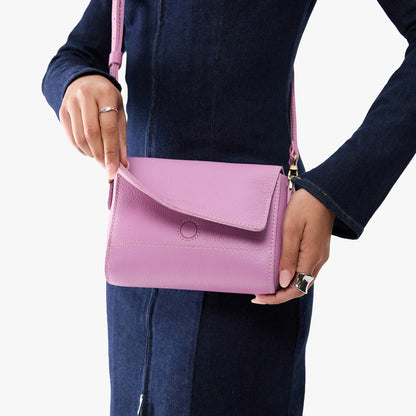 Calla Lily*Mini | Model Wearing Small Leather Crossbody Bag with Magnetic Messenger Bag Closure