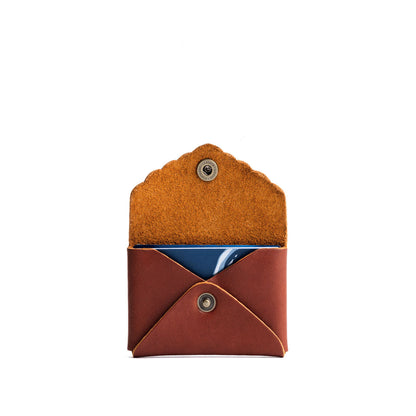 Chestnut | Small leather card wallet with scalloped edge open
