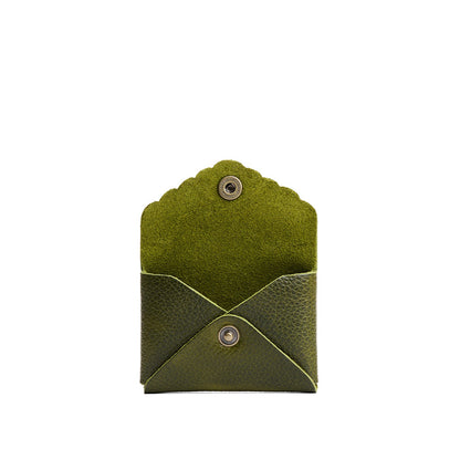 Pebbled Olive | Small leather card wallet with scalloped edge open