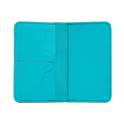 Aquamarine | Leather passport case with PLG logo open shot