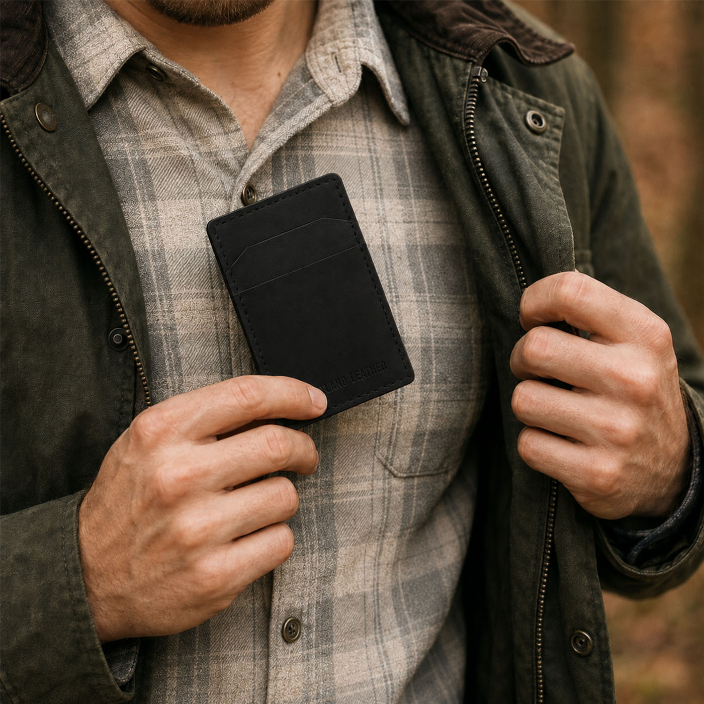 Nero | A man wearing a green jacket holding a slim black leather card holder against his chest.