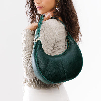 Forest Green*Small | Crescent shaped shoulder bag with zipper closure and adjustable strap