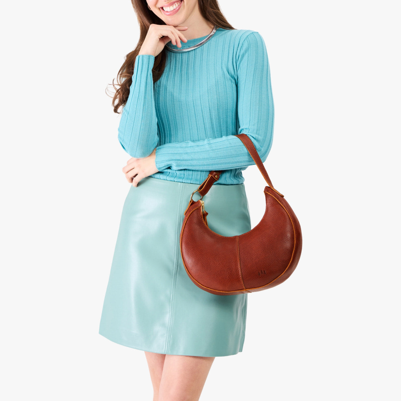 Nutmeg*Small | Crescent shaped shoulder bag with zipper closure and adjustable strap