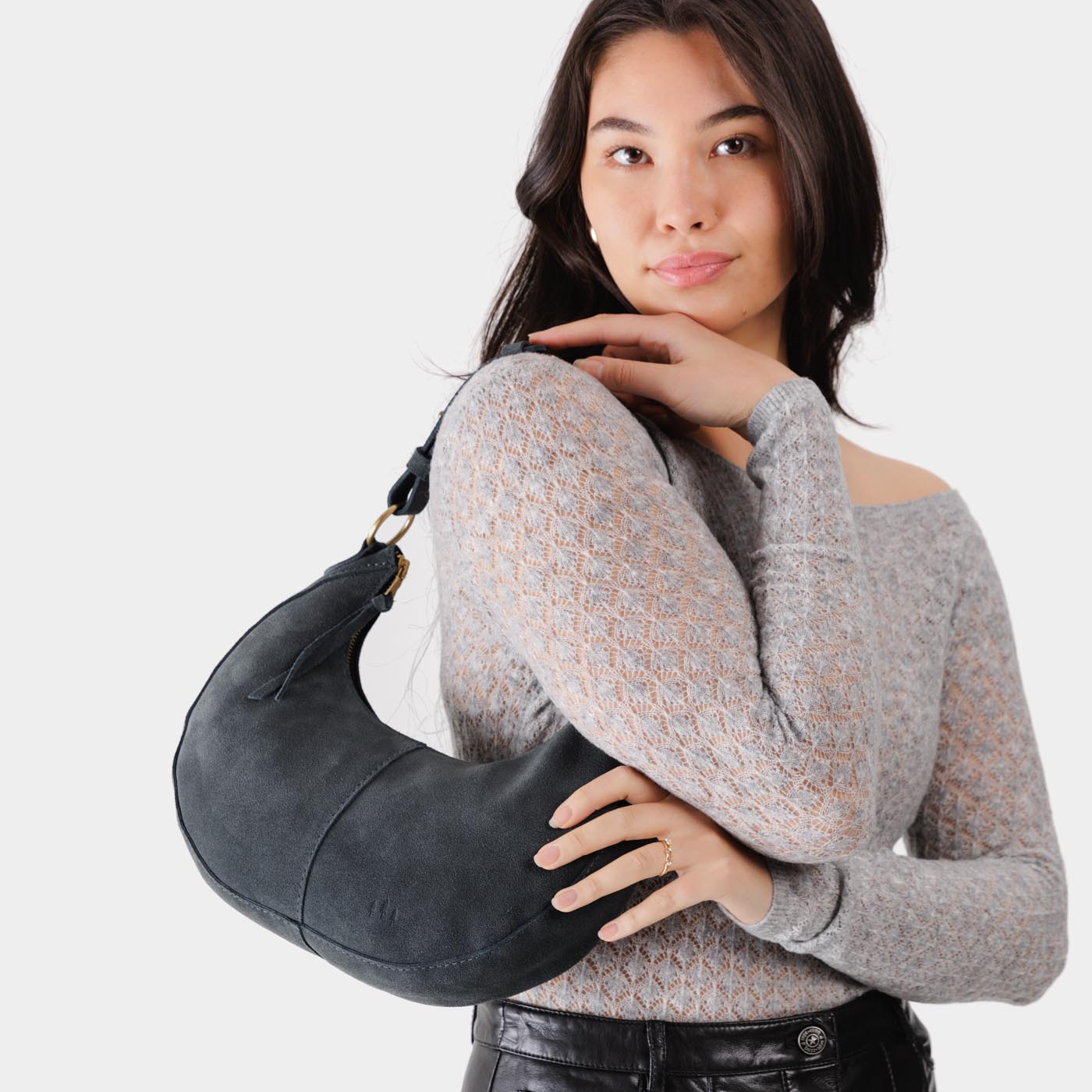Peppercorn*Small | Crescent shaped shoulder bag with zipper closure and adjustable strap