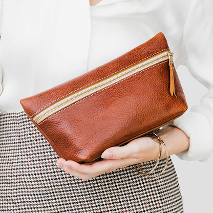 All Color: Nutmeg | Large leather makeup bag with zipper