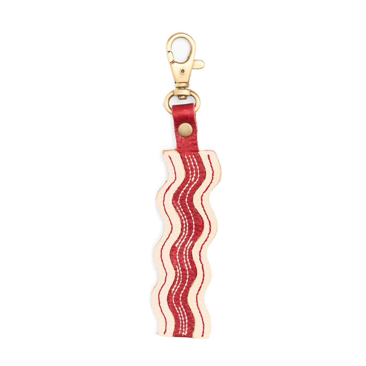 Pancetta | Keychain shaped like a strip of bacon with a swivel lobster clasp on a white background