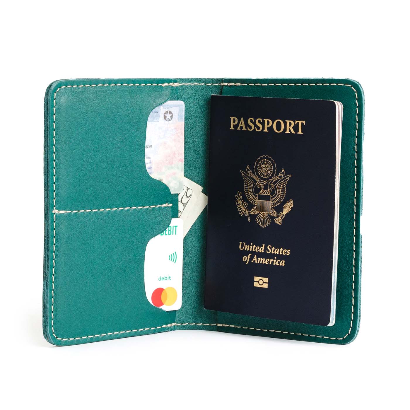 Peacock | Leather passport case with PLG logo open shot