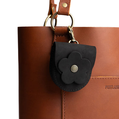 All Color: Shadow Black | U shaped pouch with leather flower applique