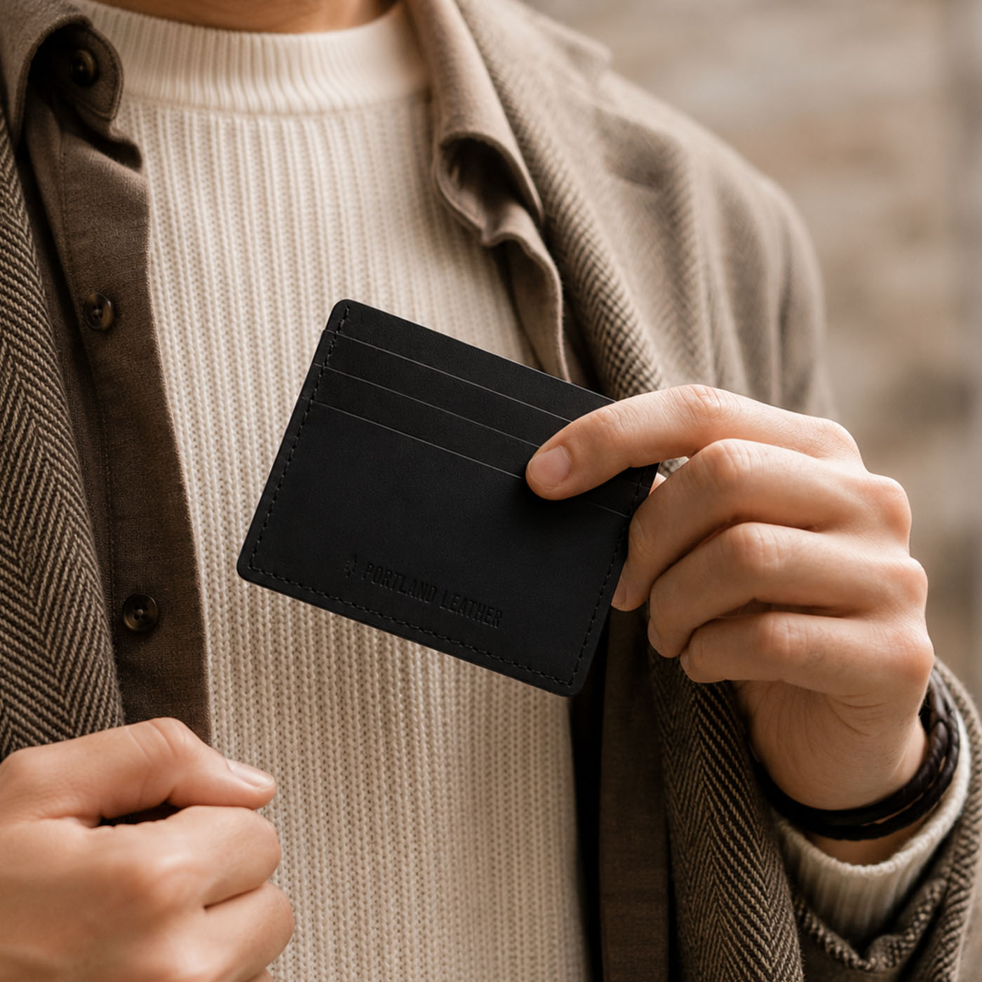 Nero | A close-up lifestyle shot of a model holding a leather card holder