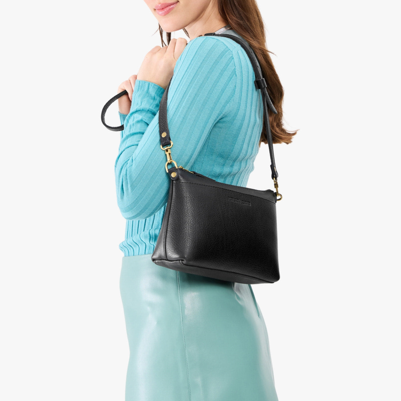 Pebbled--black*Small | Zip top crossbody bag with detachable strap