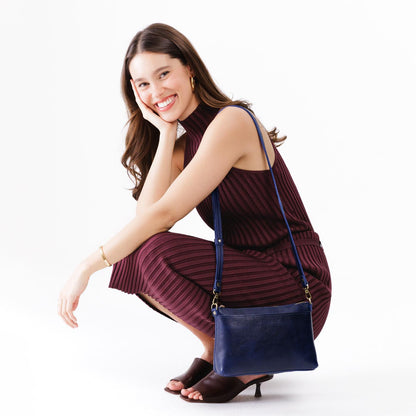 Cobalt*Small | Zip top petite crossbody bag with detachable strap