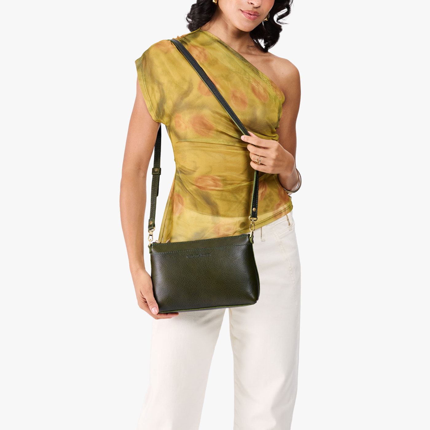 Pebbled Olive*Small | Zip top crossbody bag with detachable strap
