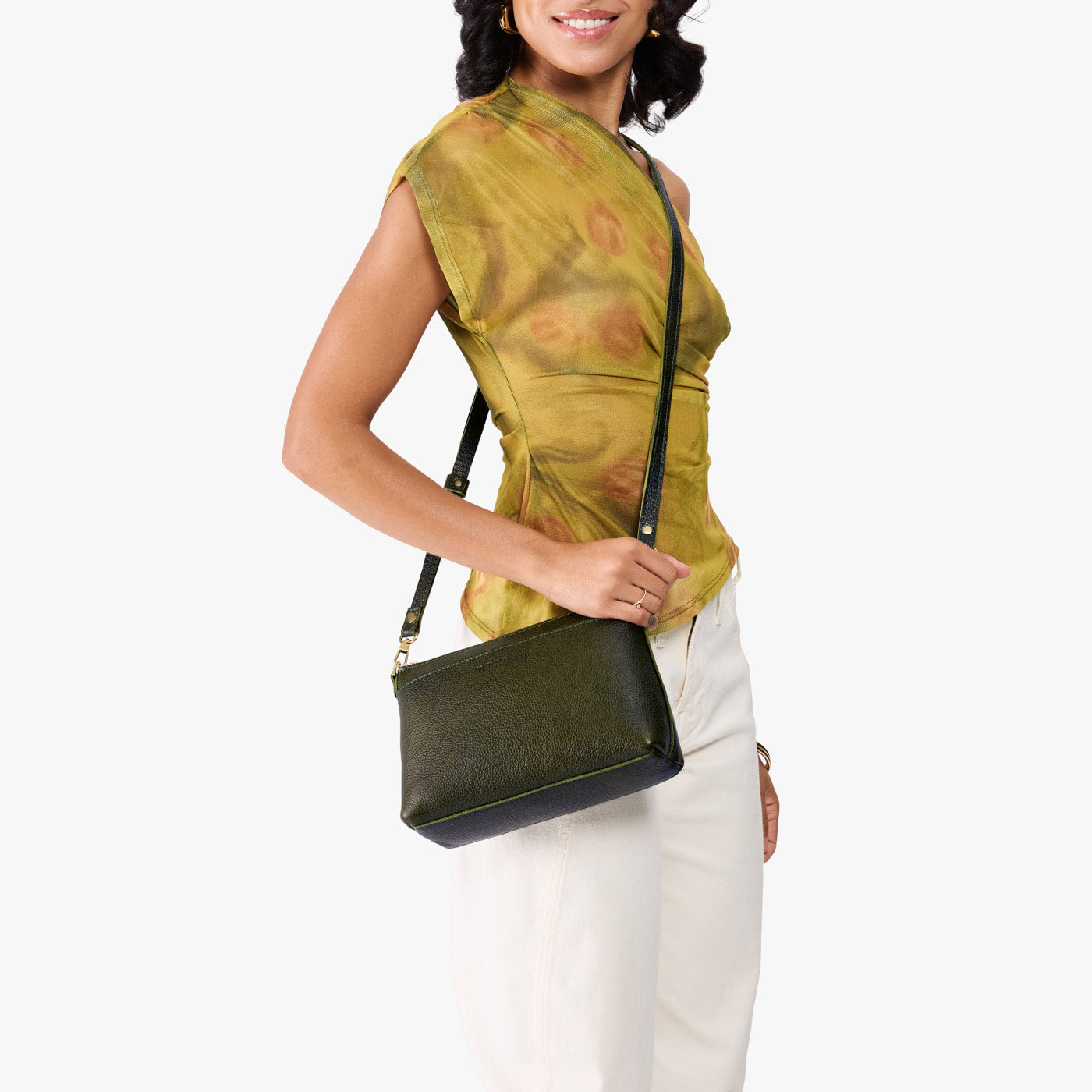 Pebbled Olive*Small | Zip top crossbody bag with detachable strap