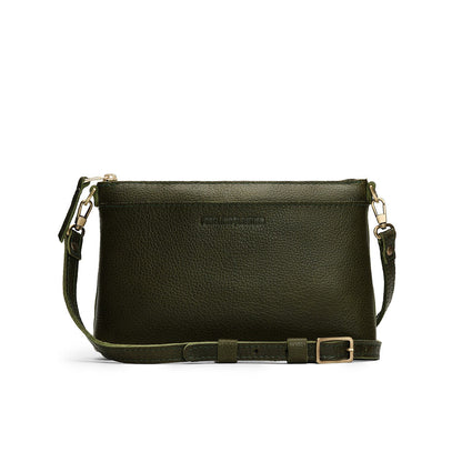 Pebbled Olive*Small | Zip top petite crossbody bag with detachable strap