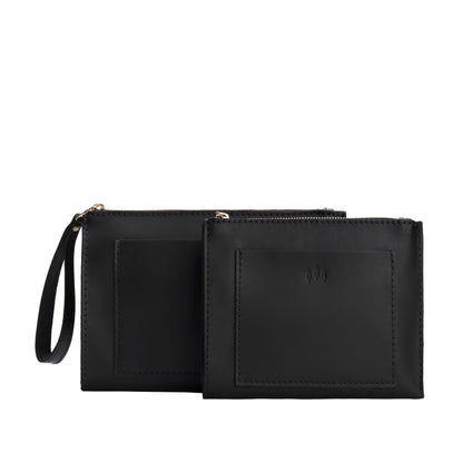 Black | Size comparison of both wristlet pouch with front pocket and zipper closure