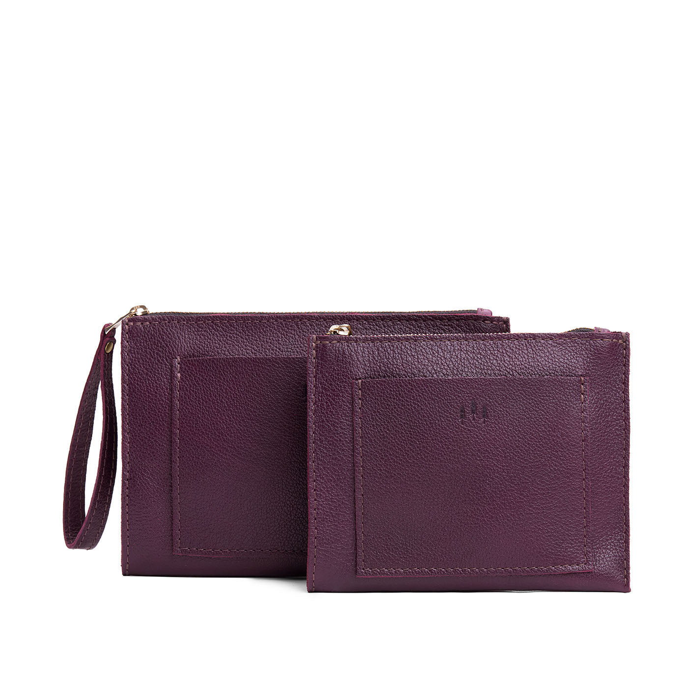 Plum | Size comparison of both wristlet pouch with front pocket and zipper closure