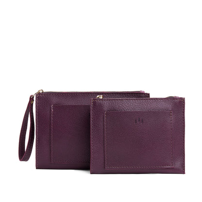 Plum | Size comparison of both wristlet pouch with front pocket and zipper closure