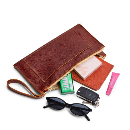 Nutmeg*Large | Wristlet pouch with front pocket and zipper closure
