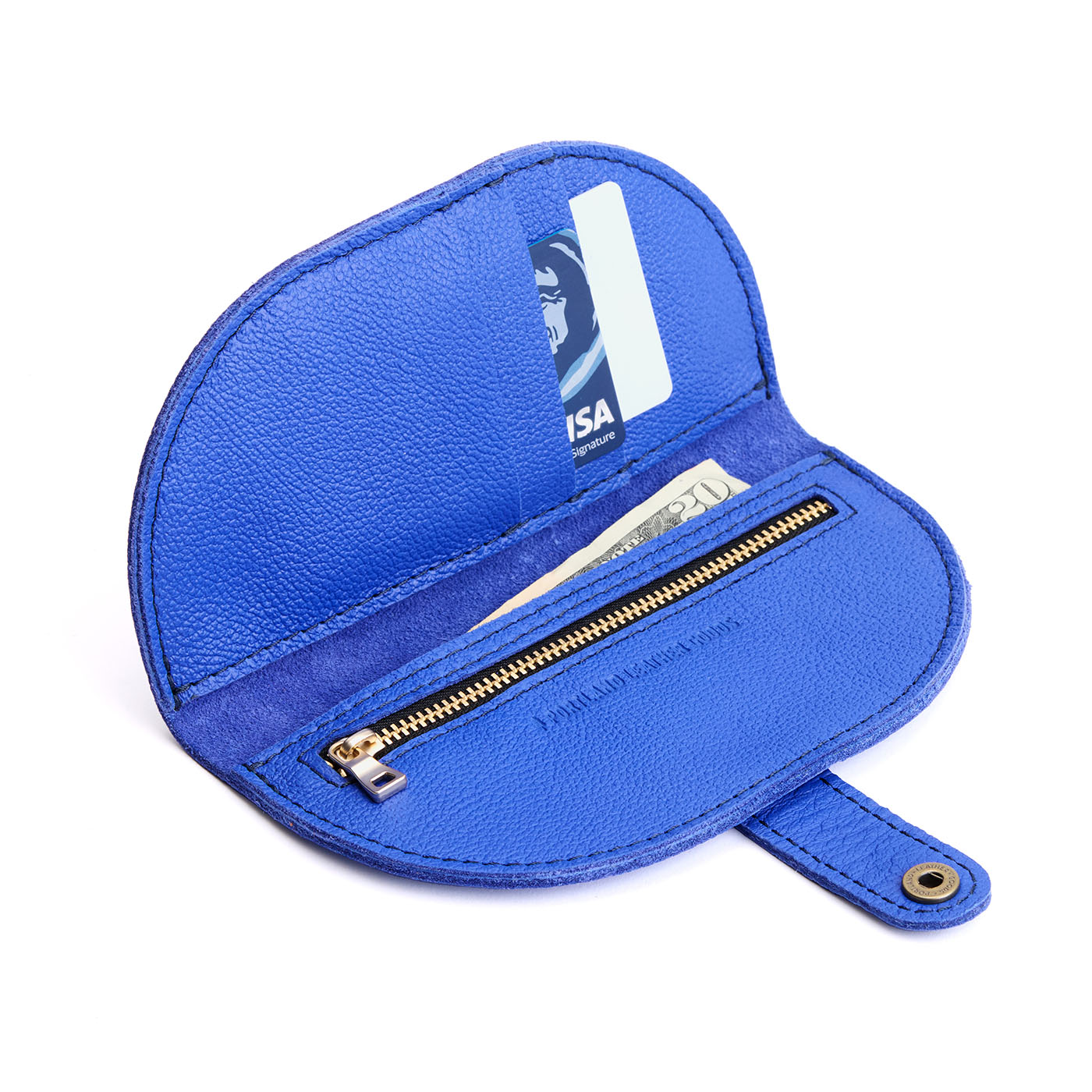 Astro Blue | Semicircle bifold wallet with snap closure open