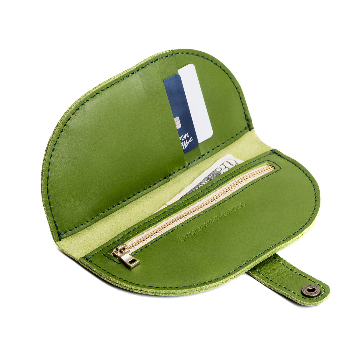 Green Apple | Semicircle bifold wallet with snap closure open