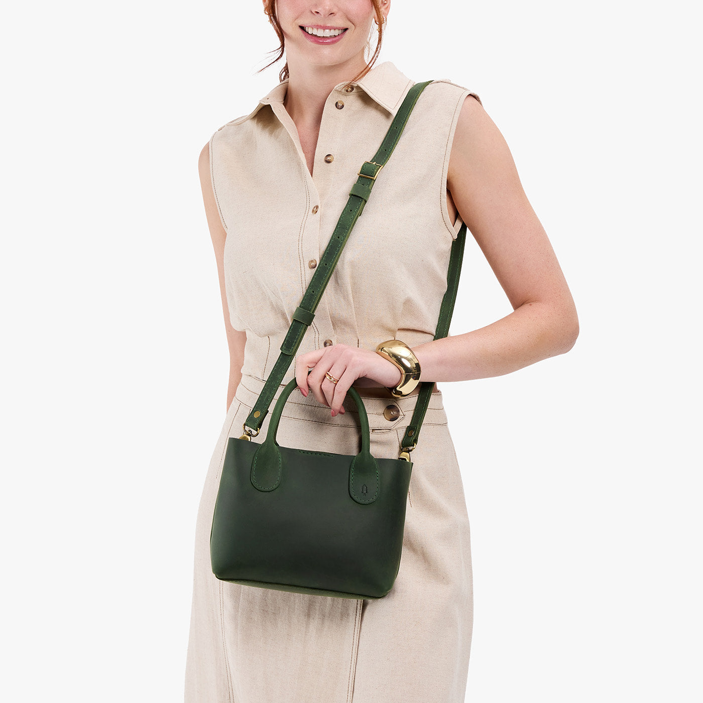 Evergreen*Small | Petite tote purse with structured leather handles and crossbody strap