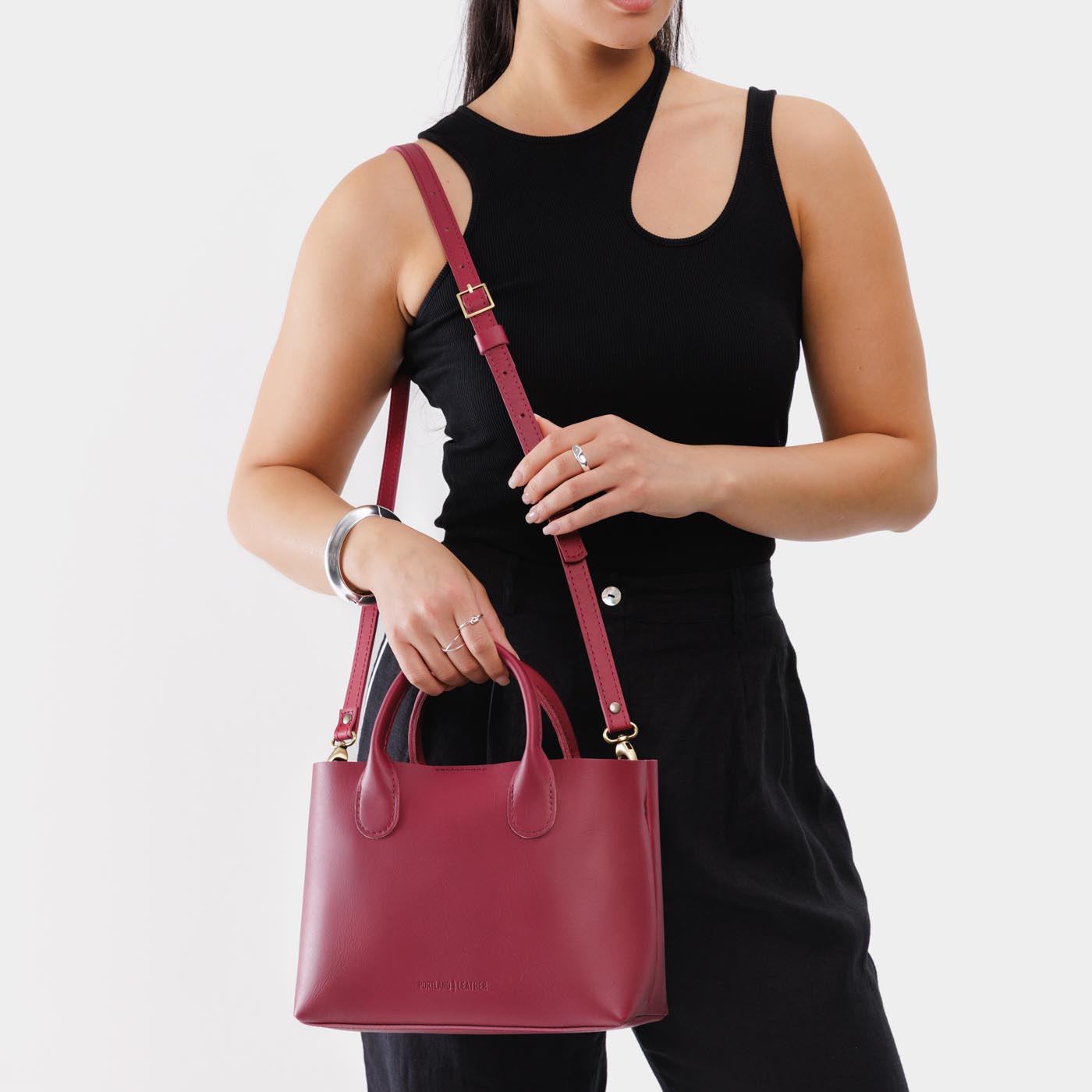 Berry Good*Large*Classic | Mid-size tote purse with structured leather handles and crossbody strap