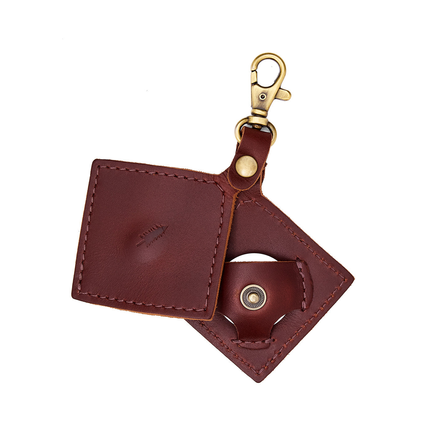 Cognac | Diamond shaped leather AirTag holder on a lobster clasp keychain