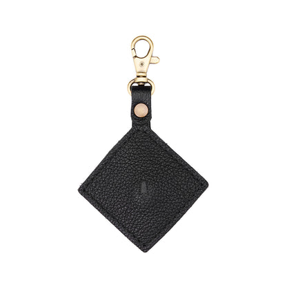 Pebbled--black | Diamond shaped leather AirTag holder on a lobster clasp keychain