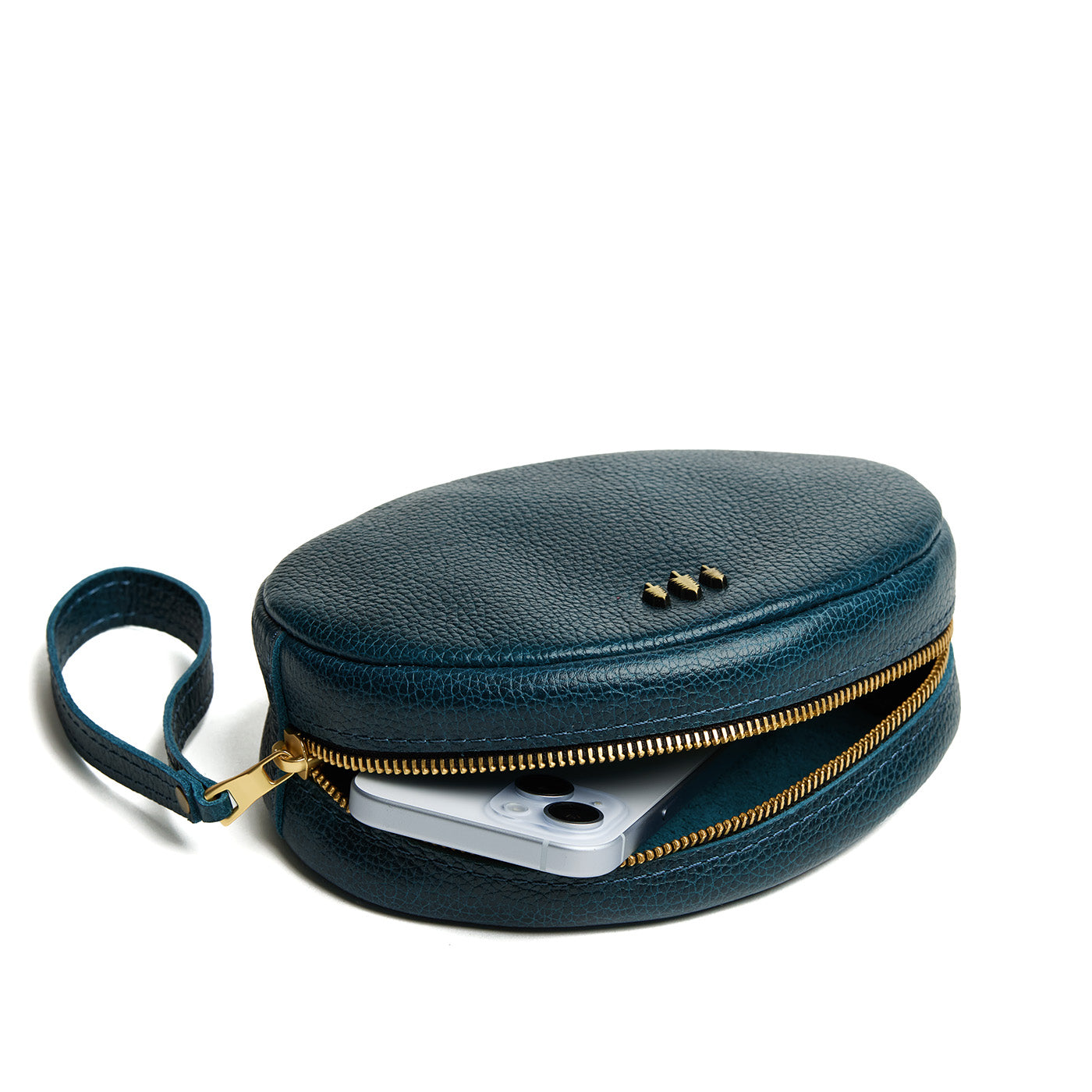 Lagoon*Large | Oval shaped pouches with zipper and wristlet strap open with a smartphone inside