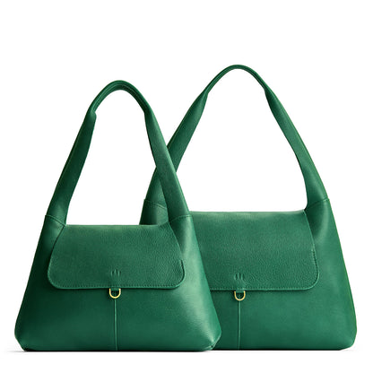 Bacalar | Comparison image of a slouchy triangle shaped shoulder bag with a flap