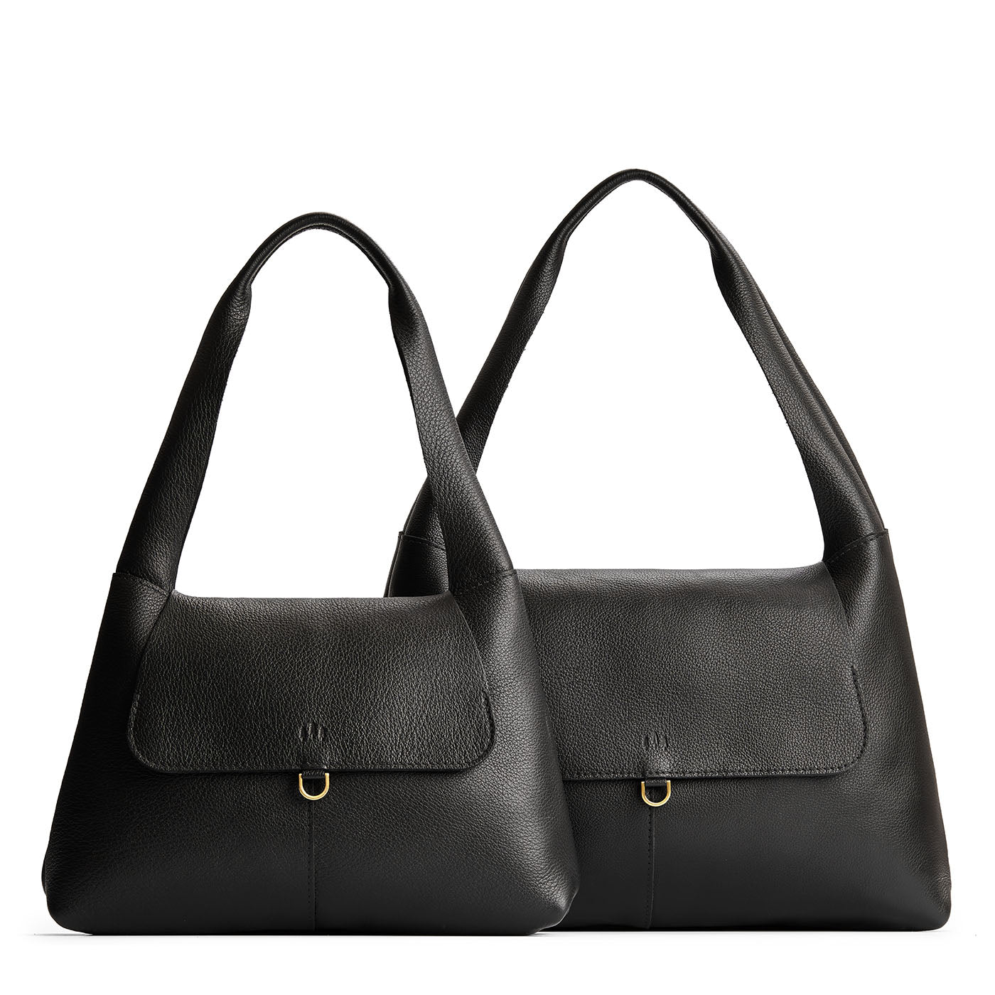 Pebbled--black | Comparison image of a slouchy triangle shaped shoulder bag with a flap
