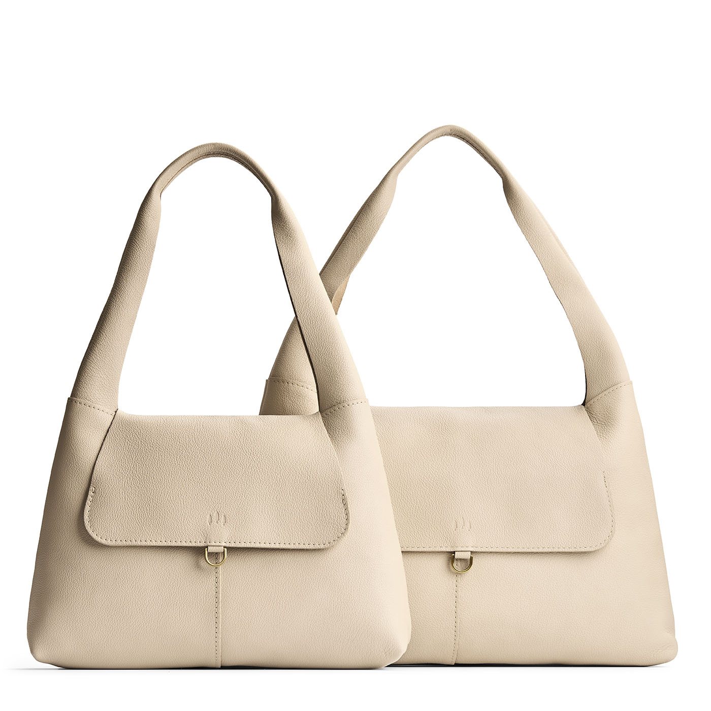 Pebbled Bone | Comparison image of a slouchy triangle shaped shoulder bag with a flap