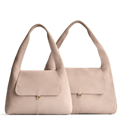 Taupe | Comparison image of a slouchy triangle shaped shoulder bag with a flap