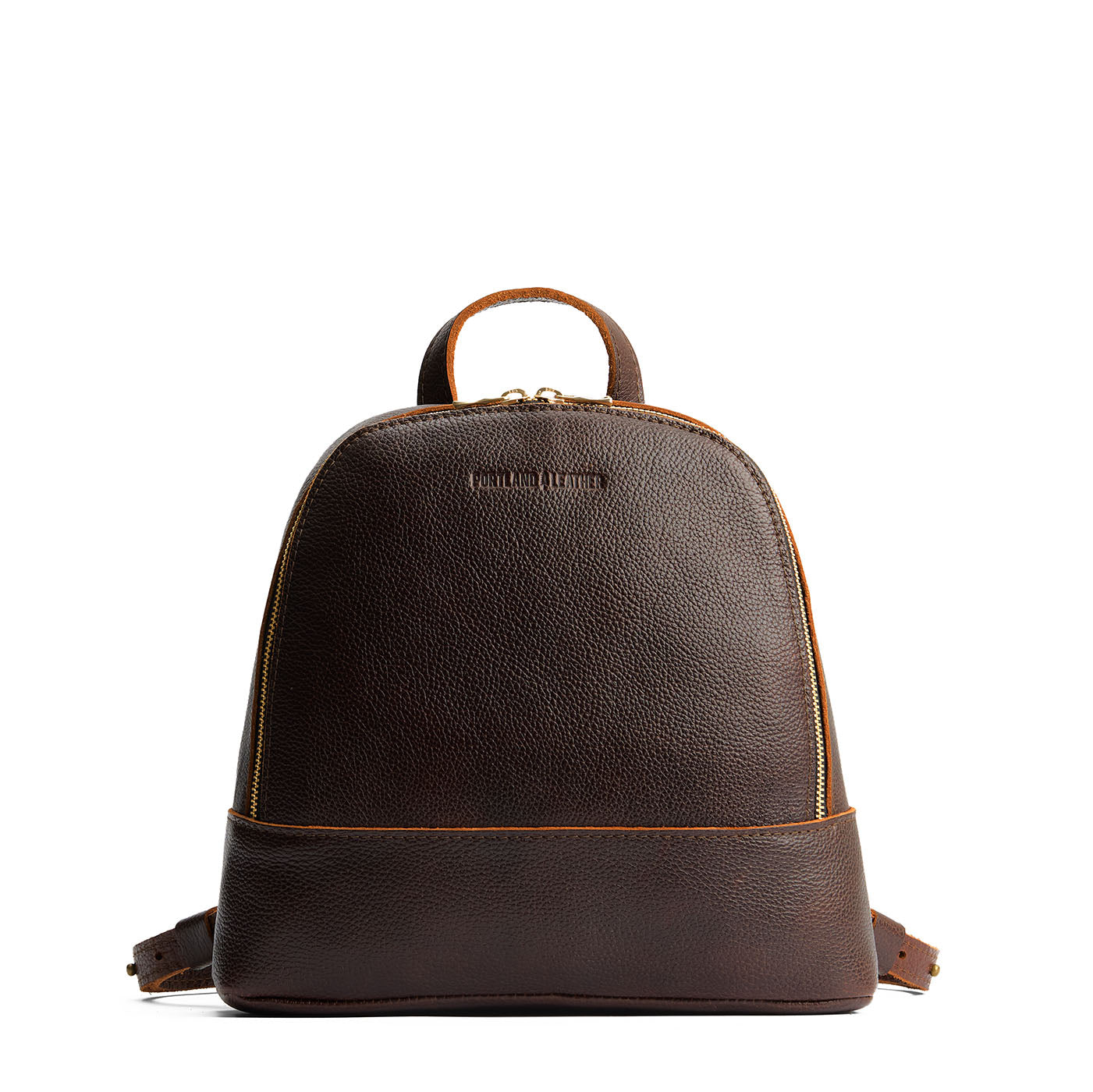 Coldbrew | Leather backpack with debossed Portland Leather logo on front, with zipper closure and straps with lobster clasps