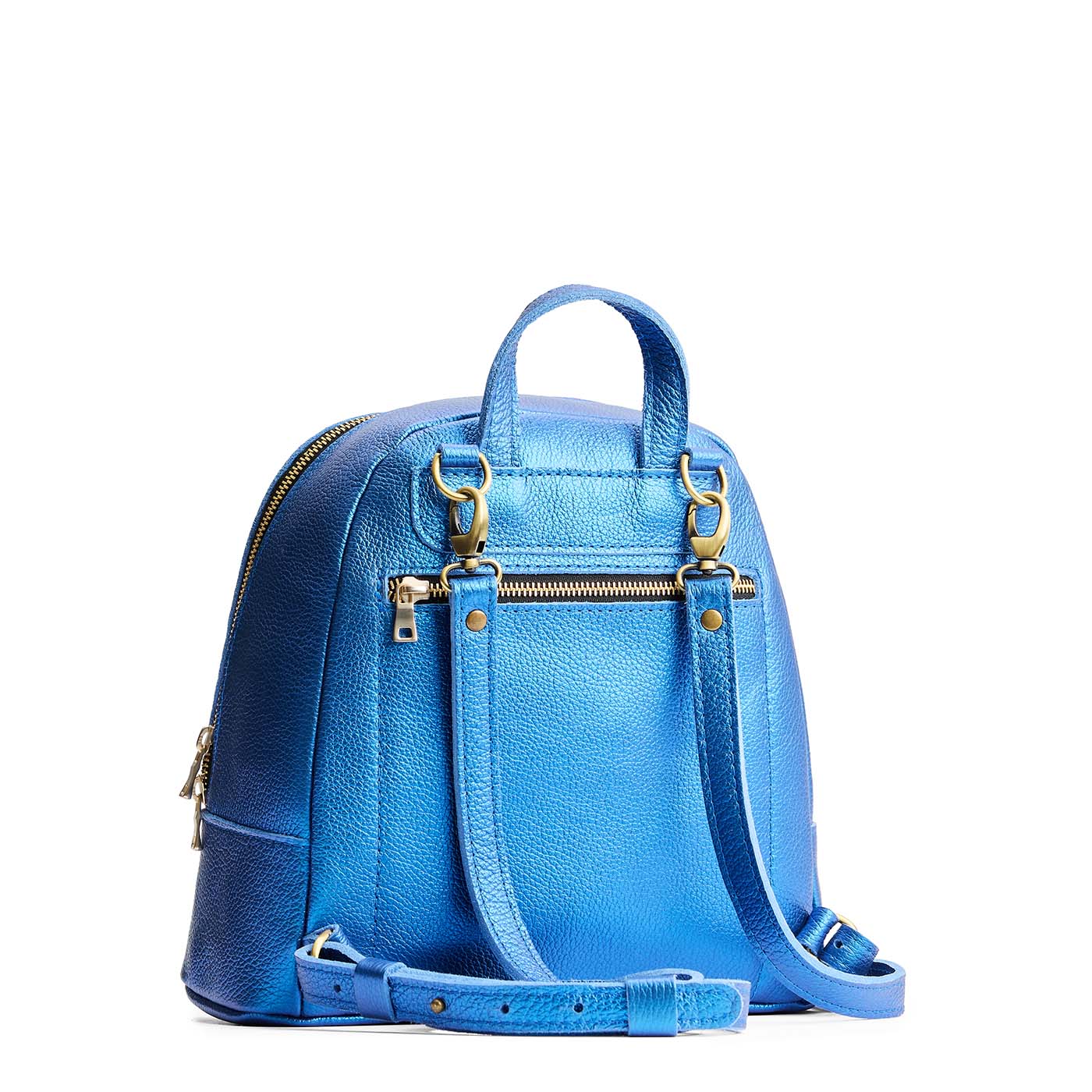 Comet Blue | Leather backpack with debossed Portland Leather logo on front, with zipper closure and straps with lobster clasps