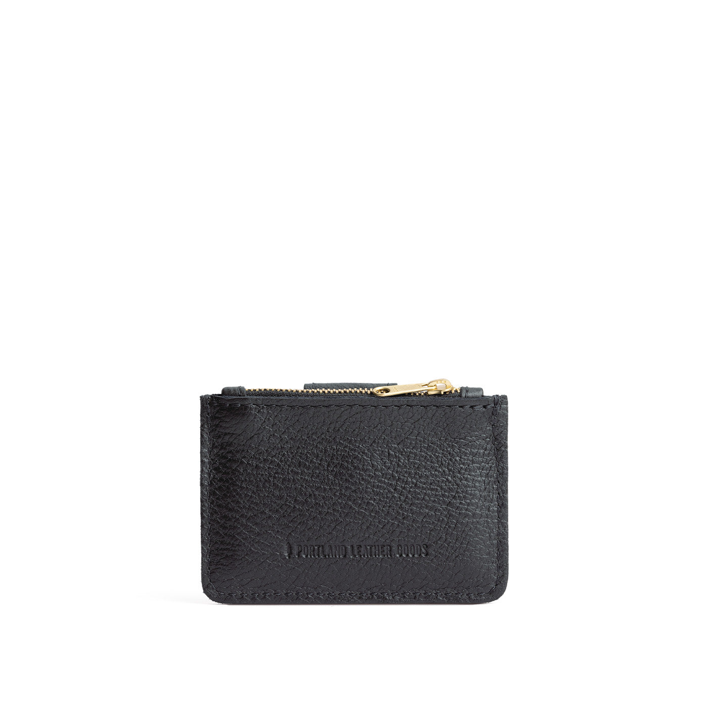 Pebbled--black | Back of compact wallet with snap closure and zippered pouch