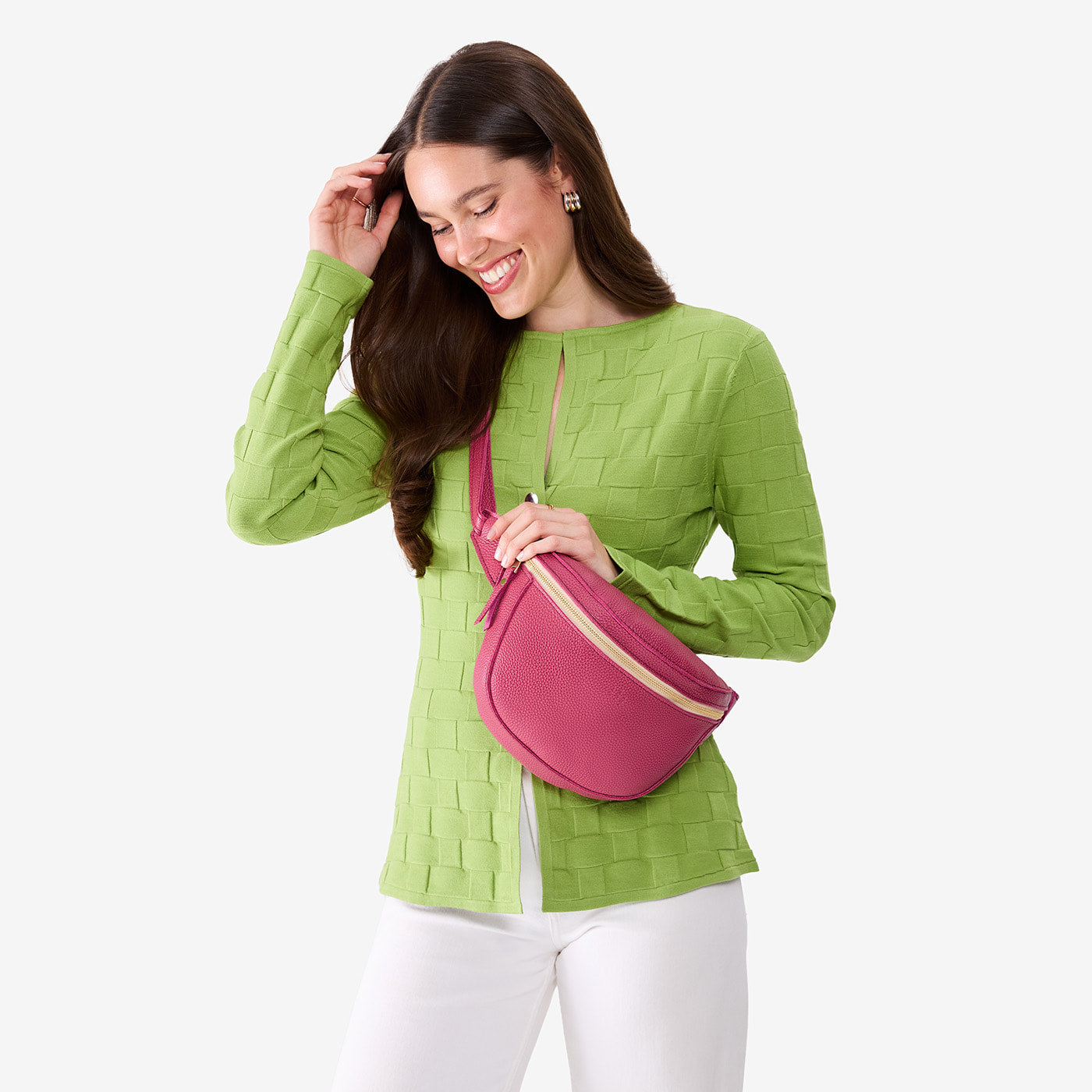Wild Rose | Model wearing a sling bag with front zipper