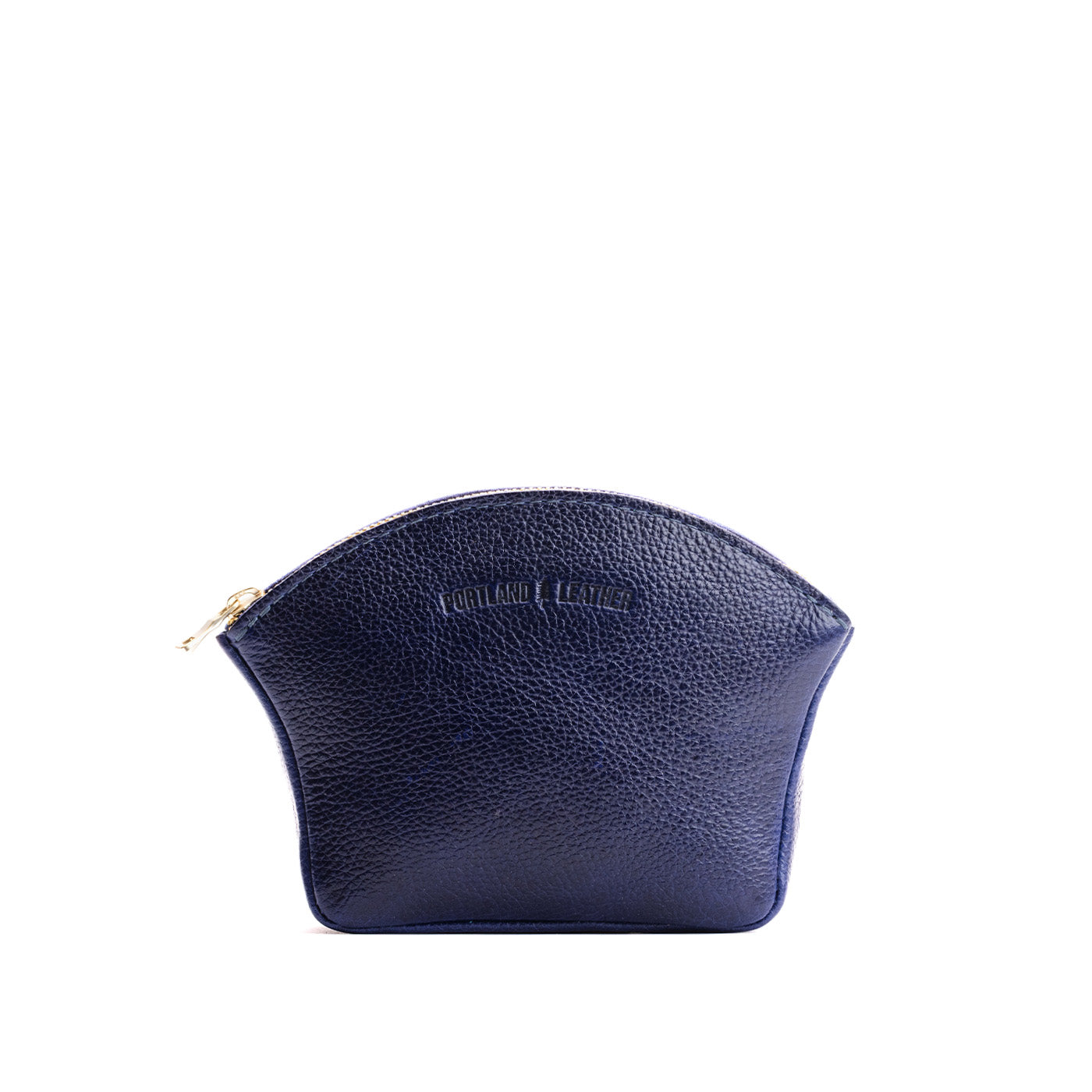 Cobalt*Large | Seashell shaped leather makeup bag with curved top zipper and flat bottom