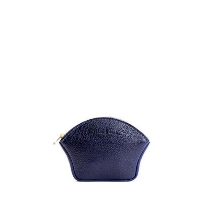 Cobalt*Small | Seashell shaped leather makeup bag with curved top zipper and flat bottom